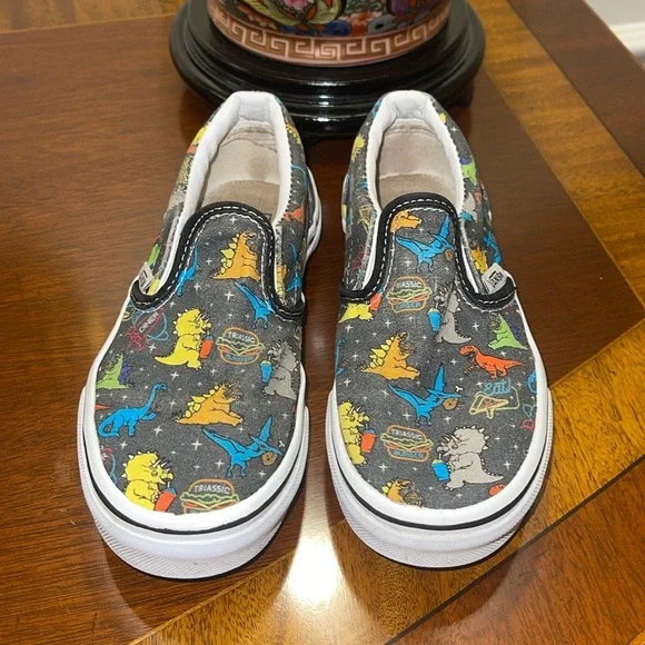 VANS Dino Diner Dinosaur Space Print Canvas Slip Ons Kids Sz. 13.5 - GUC! - Picture 2 of 6